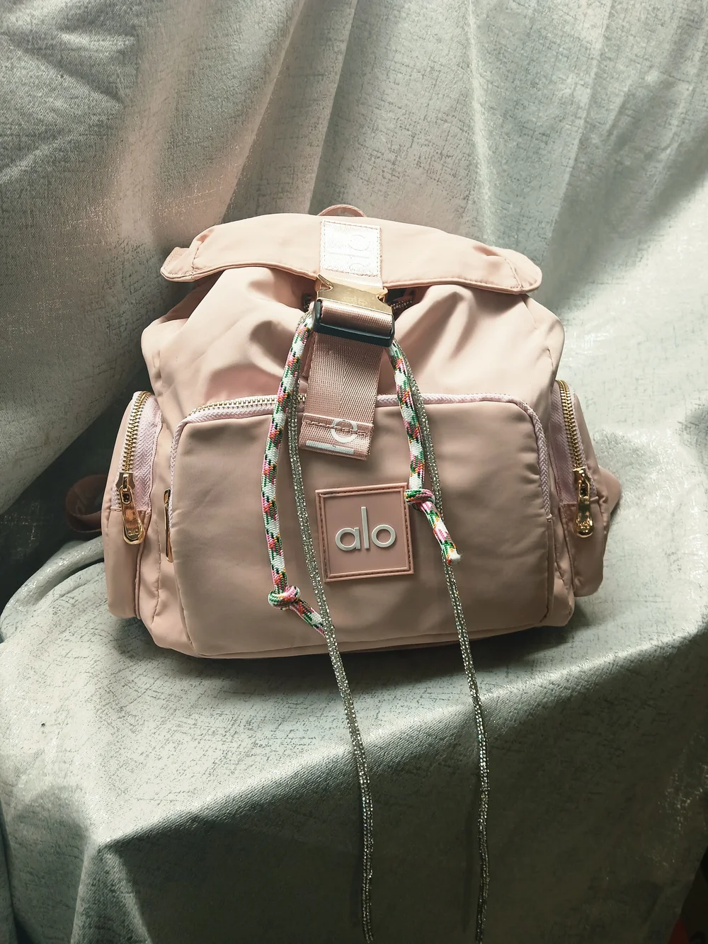 ALO Yoga Blush Pink Drawstring Backpack with Gold Hardware